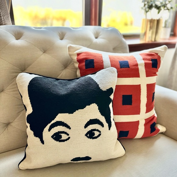 Jonathan Adler RARE Charlie Chaplin Needlepoint Pillow w/ insert 16x16 - Picture 1 of 6